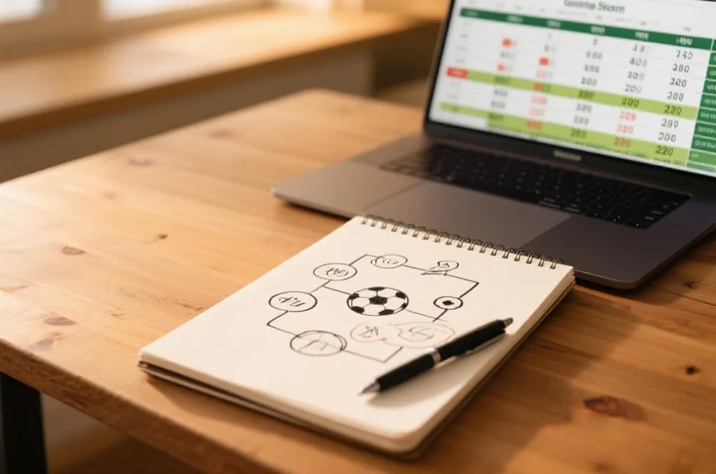 A clean wooden desk with a notebook showing hand-drawn generic football strategy diagrams and a laptop